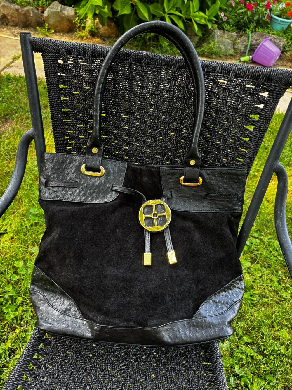 IMAN Black Suede & ostrich large Tote with Gold Emblem unused w dust bag
